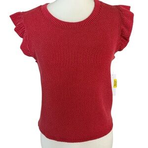 Mm Mm MmRuffle Sleeve Knit Top in Coral Red